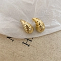 Detailed close-up of golden teardrop earrings with elegant spiral texture and polished finish - Ribbed Teardrop Style (HE27802) / Gold
