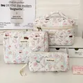 Three-piece quilted makeup bag set with cute cat prints and pink heart patterns - Dessert Cat