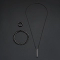 Three-piece minimalist black jewelry set with bar necklace, Cuban bracelet, and geometric ring - Black (SMTZ095)