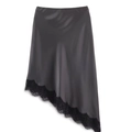Detail view of charcoal satin skirt with black lace trim and irregular hemline - XS / Dark Gray