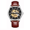 Automatic hollow watch with golden movement, silver case and brown leather strap - Brown Strap Silver Case Black Face