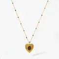 Gold-plated heart pendant necklace with tiger eye stone and black beaded chain - Gold (D601)