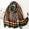 Green and brown zebra print silk scarf with tassels and orange border on white background - 180*90CM / Dark Green Border