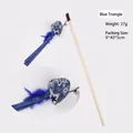 Blue triangle cat wand toy with wooden stick, blue feathers and a small silver bell accessory - Wooden Rod Blue Triangle Feather Bell (B12409)