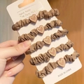 Brown fabric scrunchie set with heart charms in a pack of five for hair styling - Khaki Heart Decor 5Pcs Set