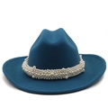 Navy blue wool fedora hat with elegant pearl band decoration for women and men - M (56-58cm) / Peacock Blue
