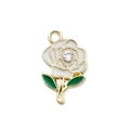 White rose flower charm with green leaves and gold edging for DIY jewelry making - Rhinestone Rose (16689)