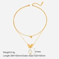 Double-layered gold butterfly and pearl necklace with 390mm and 420mm chain lengths - Double Layer Butterfly Pearl Necklace - Gold