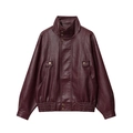 Women's burgundy faux leather bomber jacket with stand collar and metallic snap buttons - S / Burgundy