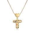 18K gold plated necklace featuring a heart clasp and multi-colored zircon letter T pendant - Letter T