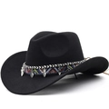 Western style black wool felt fedora hat featuring ethnic woven band and metal pendants - M (56-58cm) Adjustable / Black