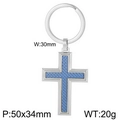 Silver stainless steel cross keychain with blue carbon fiber inlay, 50x34mm size - Silver Cross Blue Woven Texture Style (KY1196-Z)