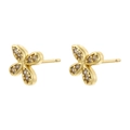 Detailed macro view of gold four-leaf clover stud earrings with sparkling clear crystals - Gold White Zirconia