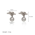 Detail shot of silver knot pearl earrings with precise dimensions and weight specs - Knot Pearl Drop Earrings / Silver
