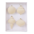 Four-piece cream flocked Christmas ornaments set with vertical stripes and gold hooks - 4 Pieces / Off White