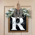 Personalized wooden door sign with letter R and black white striped burlap bow decor - Letter R