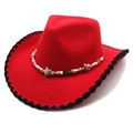 Classic red wool felt cowboy hat with woven black brim trim and beaded star band - M (56-58cm) / Red