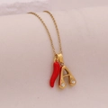 Collar de acero dorado con chile rojo y colgante de letra A con cristal sobre tela - Letra A(A)