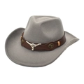 Classic grey wool felt western cowboy hat featuring a leather band and silver bull head icon - M (56-58cm) / Light Gray