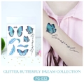 Blue glitter butterfly tattoo stickers with feather and 'livesimple' text - FG-032 variant - Blue Butterfly with Lettering (FG-032)