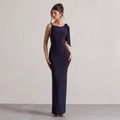Elegant deep purple one-shoulder evening maxi dress with decorative shoulder drape - S / Navy Blue