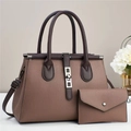 Brown litchi leather tote bag and envelope wallet set with silver buckle and shoulder strap - Coffee