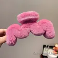 Large 14.5cm fuchsia plush wave claw clip with soft faux fur for thick hair - Rose Red