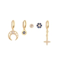 Dettaglio set di 5 orecchini dorati con luna e stelle e zirconi blu intenso - Set da 5 pezzi (Luna e stella) / Oro