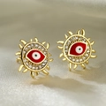 18K gold plated evil eye stud earrings with colorful enamel and sparkling zircons - 43739-Gold Red Sunburst Eye