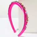Fuchsia satin headband with colorful rhinestones and vintage crystals on white display - Rose Red