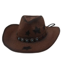 Brown woven cowboy hat with turquoise beads, black star patterns and adjustable chin cord - Coffee (With Wind Rope)
