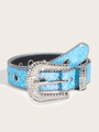 Detail of blue sequin belt with silver rhinestone buckle and beaded edges for women - 3.8cm Width S-Size (103cm) / Sky Blue