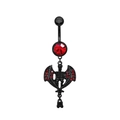 Gothic navelpiercing met zwarte schedel, vleermuisvleugels en rode strass-steentjes - Skeletvleermuisstijl (24072504-4)