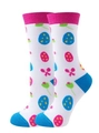 White crew socks with pink cuffs and blue heels featuring festive egg and bow patterns - Size 35-42 / White Easter Eggs