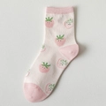 Women's crew socks in cream with pink accents and cute strawberry cartoon smiley faces - Pink Strawberry