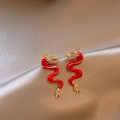 Elegant Red Dragon Tassel Earrings with Gold Edging on Silk Fabric Backdrop - Silver Earring Post - Gold - Red Rhinestone Dragon