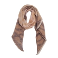Detailed view of striped zebra pattern knit scarf with fringe edges in brown and beige - Coffee Plaid