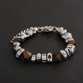 Unisex stainless steel bracelet with brown tiger eye beads and textured silver links - S056-A Amber Spliced Bracelet (19CM)