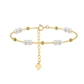 Elegant gold S925 silver bracelet with white freshwater pearls and a heart pendant charm - Gold Twin-Pearl Heart (GPB40-14K)