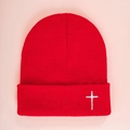 Winter red knitted beanie with white cross embroidery for unisex casual warmth - One Size / Red