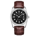 Men's quartz watch with black dial, crystal indices and brown alligator leather strap - Brown Strap Silver Case Black Dial Men's