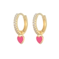 Chic gold hoop earrings with sparkling crystals and pink enamel heart pendants - Gold Plated Barbie Pink
