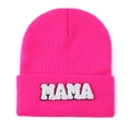 Detailed close-up of pink knit beanie with MAMA towel embroidery patch detail - Rose Red