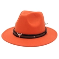 Detail of orange fedora featuring a silver bull head ornament and leather belt trim - Orange
