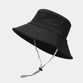 Detail of black sun hat featuring textured fabric and adjustable grey chin strap cord - M (56-58cm) / Black
