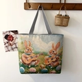 Jacquard tote bag with cartoon rabbits playing guitar and black white striped straps - Music Rabbit