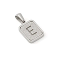 Polished silver stainless steel rectangular pendant featuring a frosted hollow letter E - Letter E Style / Steel