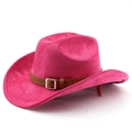 Détail d'un chapeau de cowboy rose en daim avec bande tressée marron et boucle argentée - M(56-58cm) / Rose rouge
