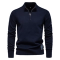Detail of navy blue slim fit men's half-zip knit sweater with ribbed stand collar - S / Navy Blue