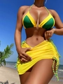 Detailed shot of yellow and green bikini with matching drawstring sarong on a beach - S / Yellow